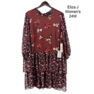 NWT Eliza J Women Burgundy Sheer Floral Tiered Ruffle Tie Neck Chiffon Dress 24W